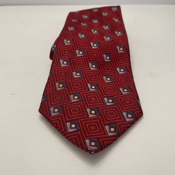Jos A Bank Signature Collection Square Geo Burgundy Red Silk Tie 4" Wide - Picture 1 of 4